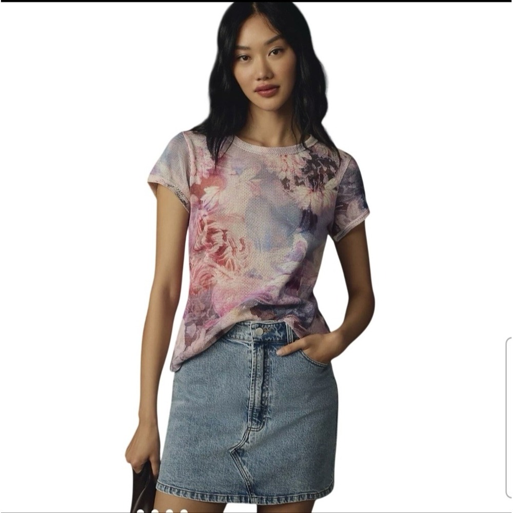 Pilcro Anthropologie Floral Mesh Short Sleeve Tee Size M